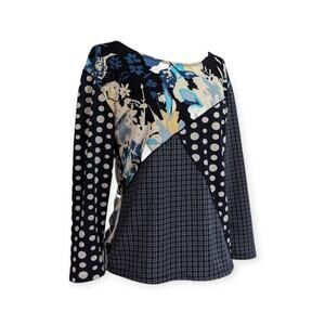 90s Caia Women's Knit Top Mix Print 3/4 Sleeve Boho eclectic blouse v-neck